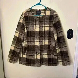 Sanctuary Brown Plaid Teddy Sherpa Jacket Coat Size M